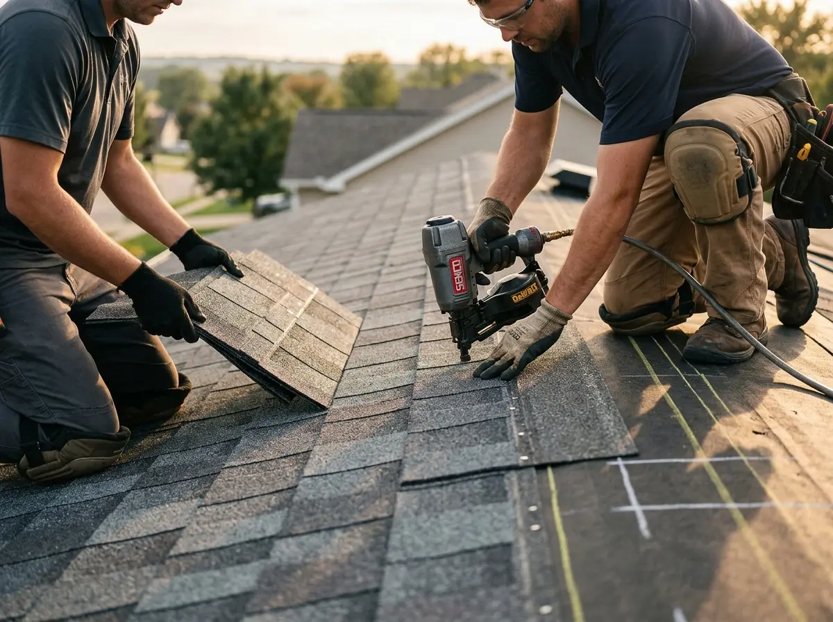 Professional roofer working on a residential roof in Carolina Forest